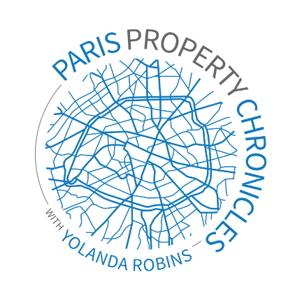 Paris Property Chronicles Logo with Yolanda Robins. Text around a blue map of Paris.